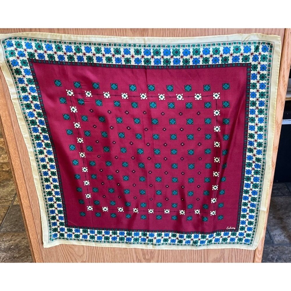 Vtg 1970’s ECHO Scarf Chinon Azlon Silk Scarf Maroon Blues Yellow Floral Japan